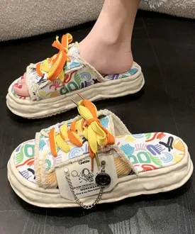 Beige Canvas Lace Up Doodle Splicing Platform Slide Sandals  FA287