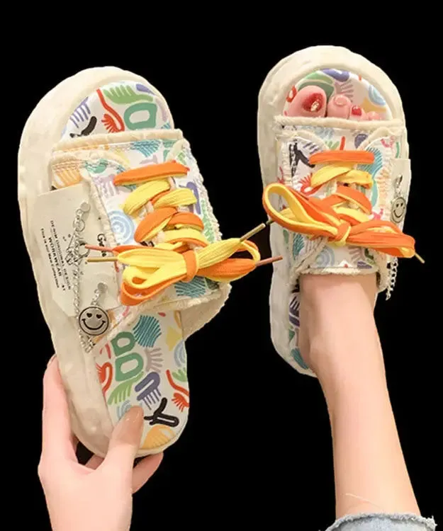 Beige Canvas Lace Up Doodle Splicing Platform Slide Sandals  FA287