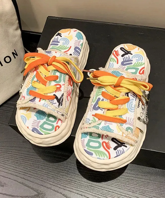 Beige Canvas Lace Up Doodle Splicing Platform Slide Sandals  FA287