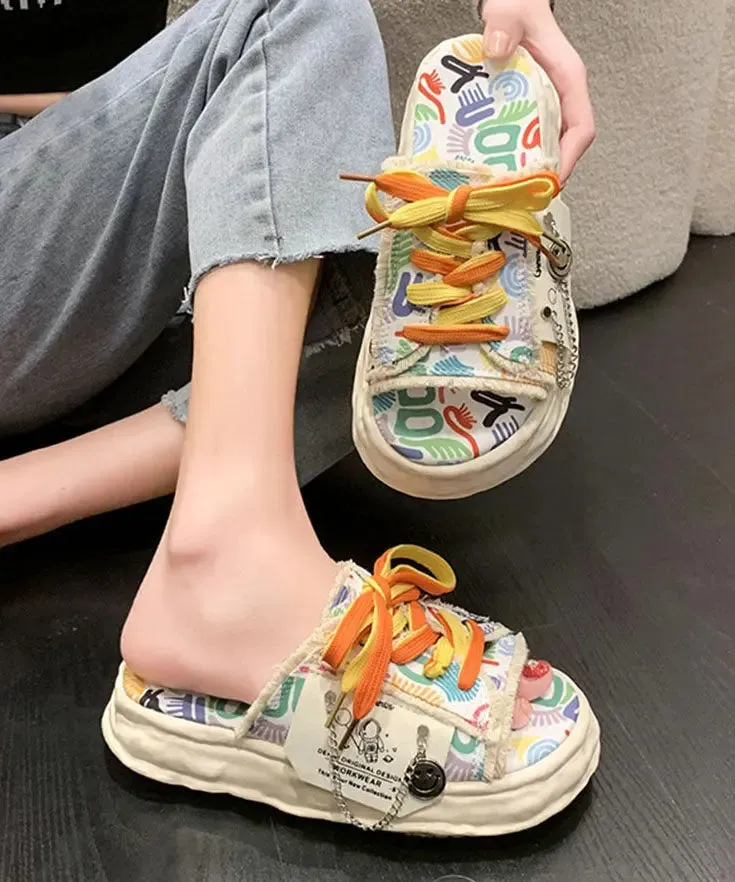 Beige Canvas Lace Up Doodle Splicing Platform Slide Sandals  FA287