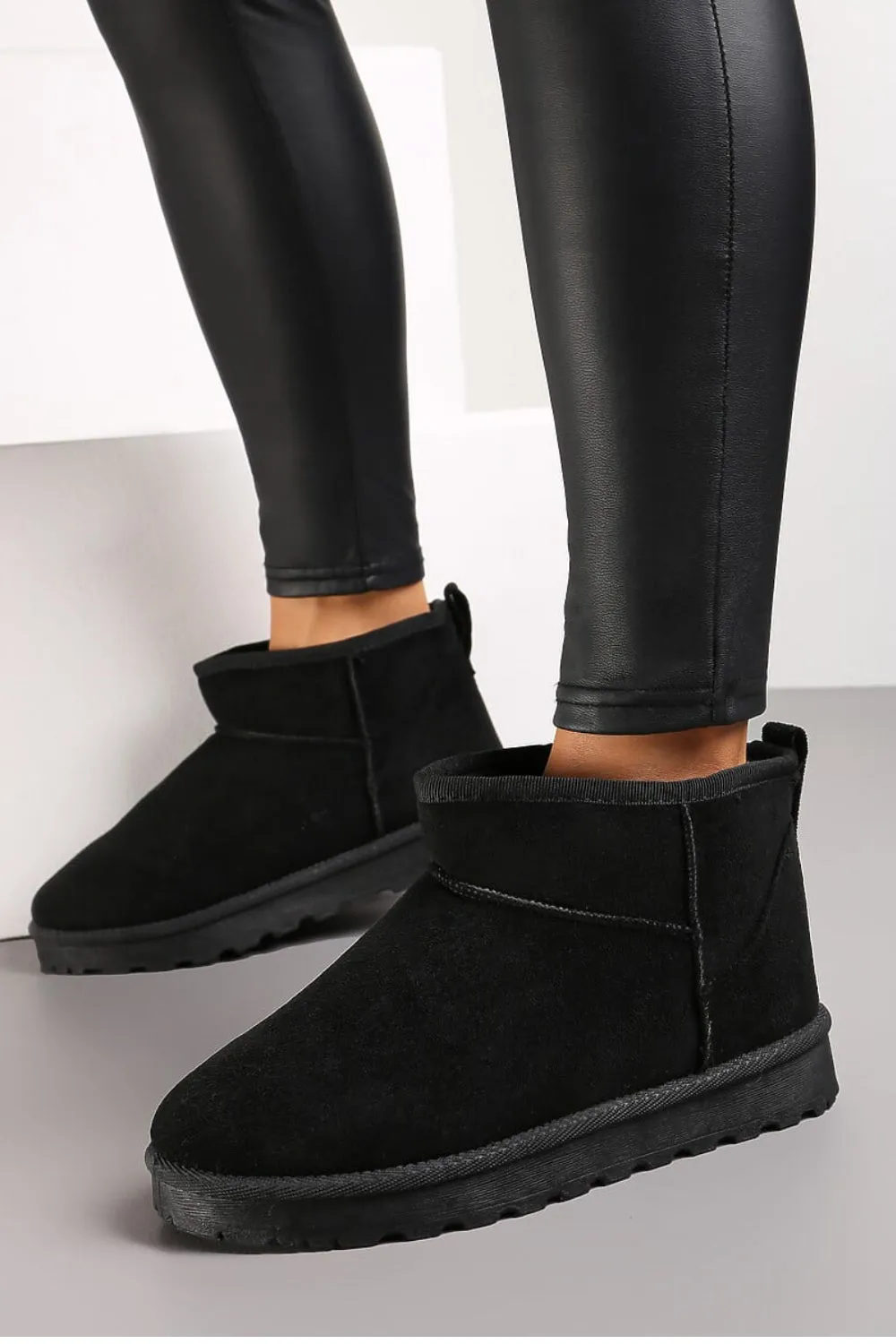 BLACK FAUX SUEDE ULTRA MINI COZY SNOW ANKLE BOOTS