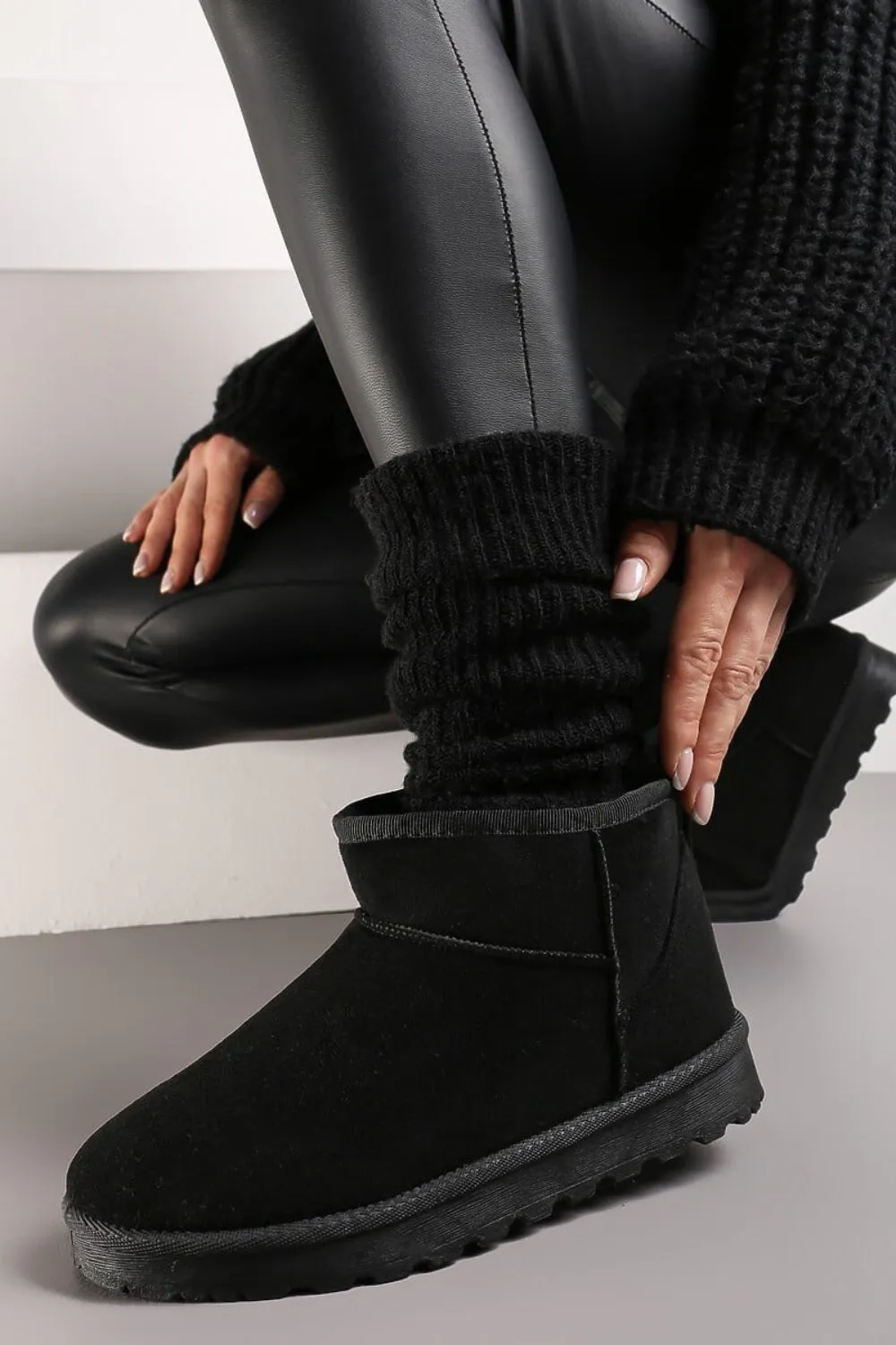 BLACK FAUX SUEDE ULTRA MINI COZY SNOW ANKLE BOOTS