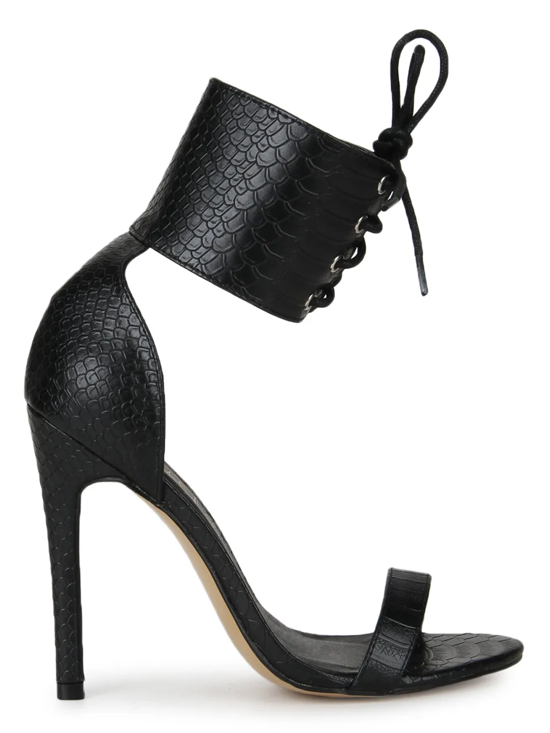 Black PU Snake Ankle Strapped Stilettos