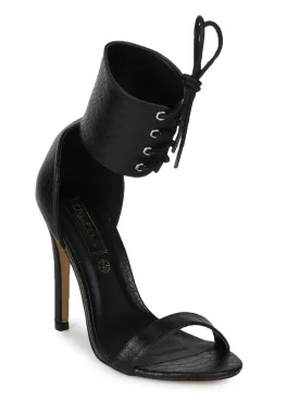Black PU Snake Ankle Strapped Stilettos