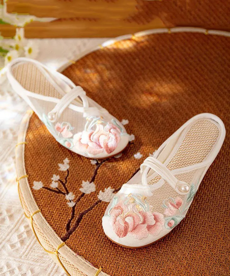 DIY Splicing Flat Slide Sandals White Tulle Embroidery LY7707