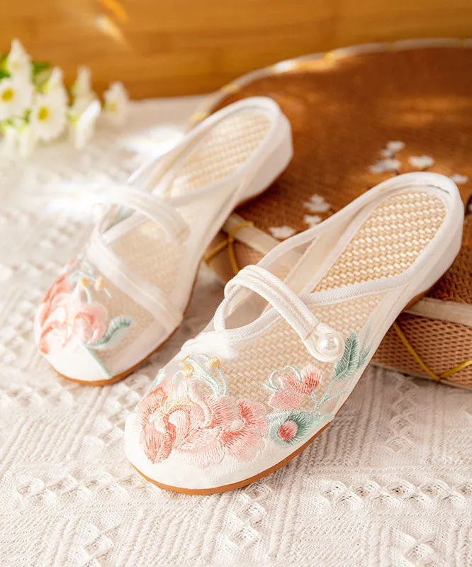 DIY Splicing Flat Slide Sandals White Tulle Embroidery LY7707