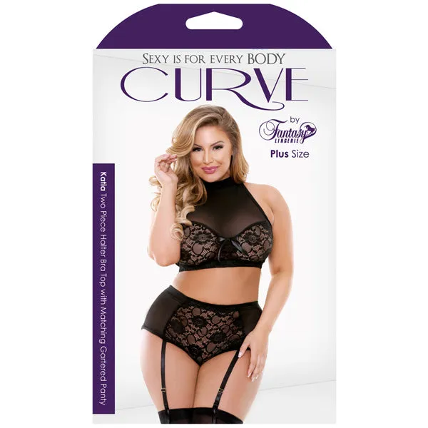 KATIA 2PC HALTER BRA TOP WITH MATCHING GARTERED PANTY - CURVY