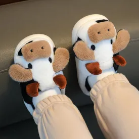 New Children's Cartoon Milk Cow Slippers Home Warm Slides Cute Cow Cotton Slippers for Kids Winter Fluffy Fur Slippers