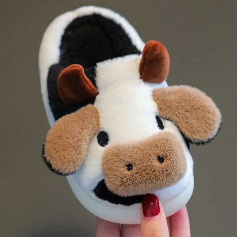 New Children's Cartoon Milk Cow Slippers Home Warm Slides Cute Cow Cotton Slippers for Kids Winter Fluffy Fur Slippers