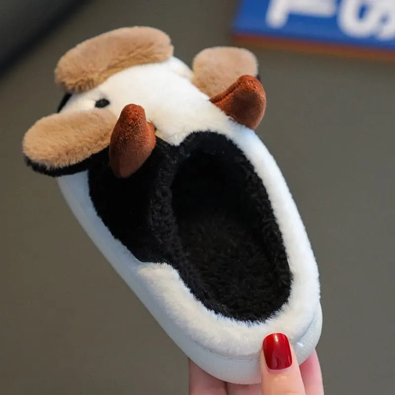New Children's Cartoon Milk Cow Slippers Home Warm Slides Cute Cow Cotton Slippers for Kids Winter Fluffy Fur Slippers