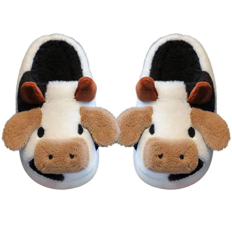 New Children's Cartoon Milk Cow Slippers Home Warm Slides Cute Cow Cotton Slippers for Kids Winter Fluffy Fur Slippers