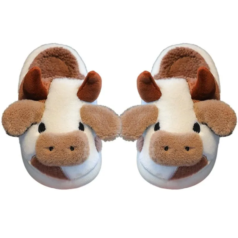 New Children's Cartoon Milk Cow Slippers Home Warm Slides Cute Cow Cotton Slippers for Kids Winter Fluffy Fur Slippers
