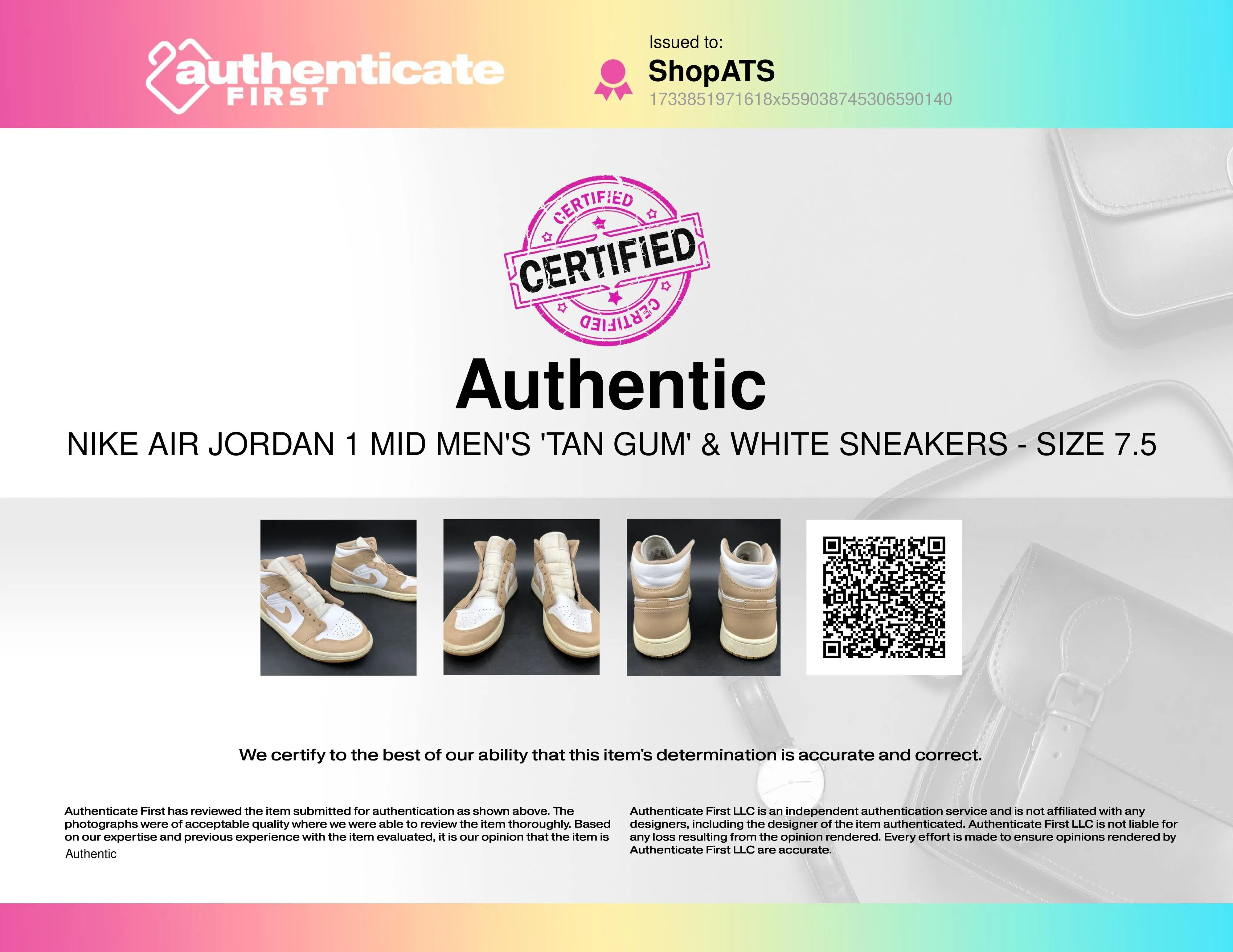Nike Air Jordan 1 Mid Men's 'Tan Gum' & White Athletic Sneakers - Sz 7.5 ( COA)