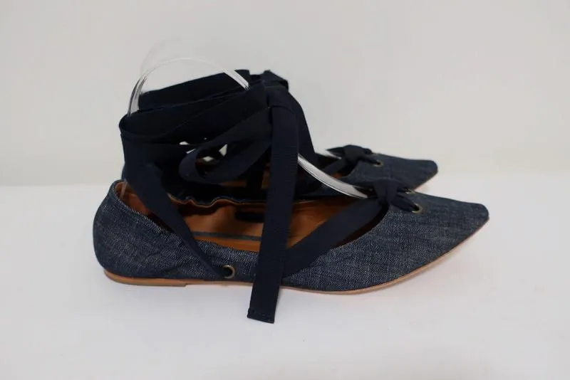 Tomas Maier Denim Lace-Up Flats Size 7.5 Pointed Toe