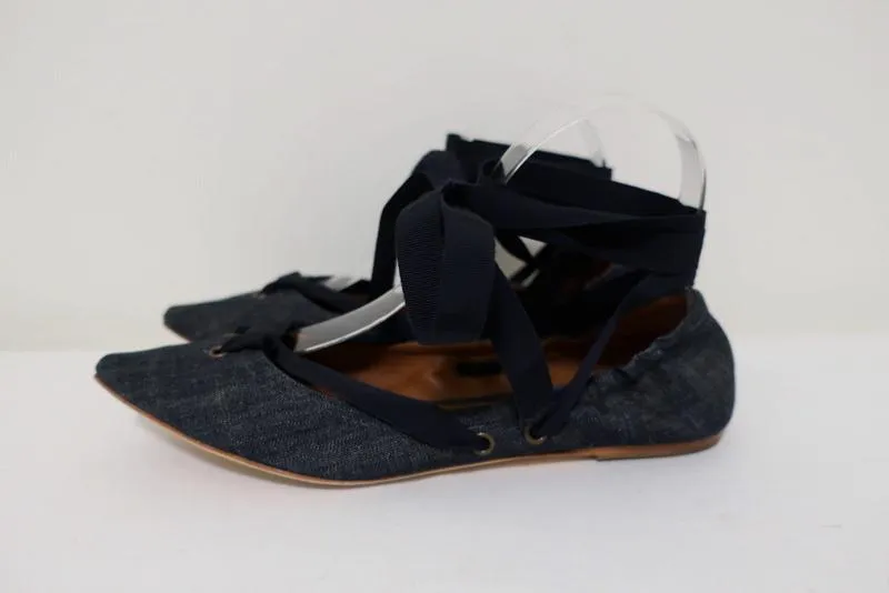 Tomas Maier Denim Lace-Up Flats Size 7.5 Pointed Toe